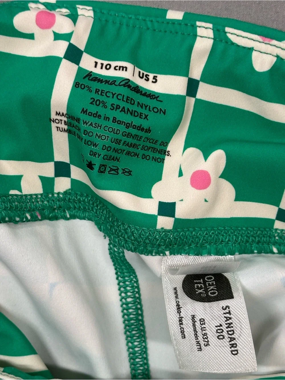 Hanna Andersson Green+White Floral 3-Piece Active Set, Leggings/Shorts/Top, US 5